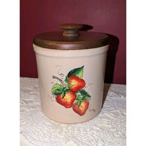 Vintage Strawberry Stoneware Canister Crock with Wooden Lid 6" Farmhouse Cottage
